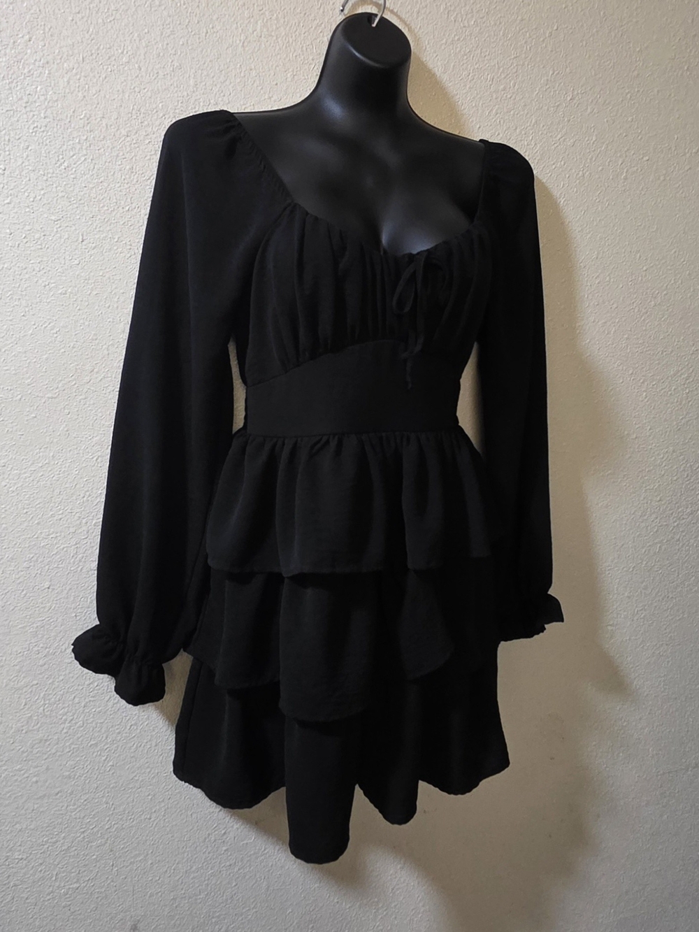 Inspired Hearts Black Long-Sleeve Tiered Mini Dress
